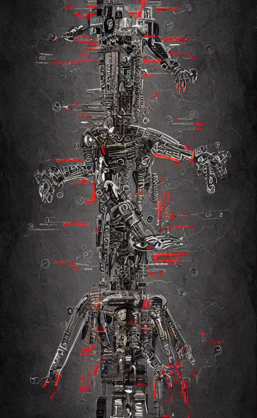 Image similar to anatomy of the terminator, robot, cyborg, t100, bloodborne diagrams, mystical, intricate ornamental tower floral flourishes, rule of thirds, technology meets fantasy, map, infographic, concept art, art station, style of wes anderson