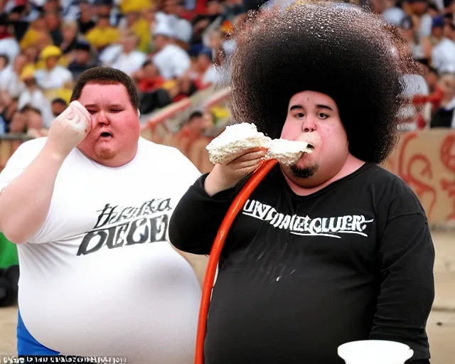 Image similar to Obese fan with an afro eating as much flour and oil humanly possible, he weighs 900 pounds and is drinking oil from a pitcher