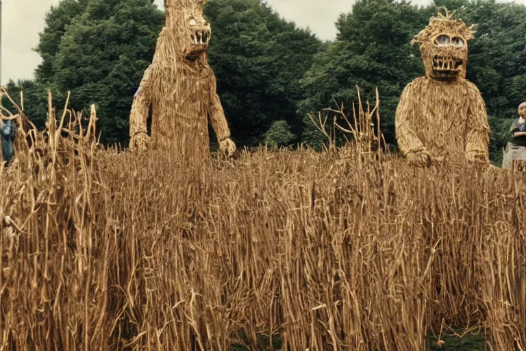 Image similar to at the festival of the Wicker Man in a small Scottish village, a giant towering Godzilla made of reeds burns, villagers watch, photojournalism, 1967, photorealism, very realistic, in the style of Midsommar, 50mm lens, Kodak 5219 film