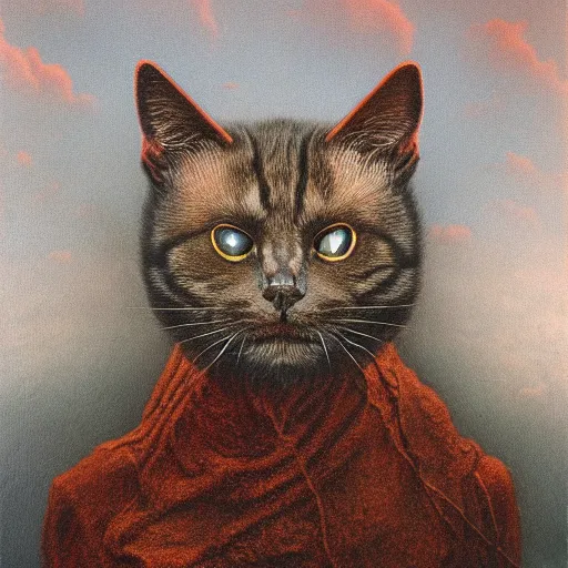 Image similar to grinning evil cat, HD, award winning, in style of beksinski, film grain, medium format, 8k resolution, oil on canvas