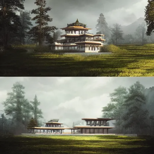 Image similar to modernist house inspired by a tibetan palace, open field, big trees, clouds, dramatic lighting, artstation, matte painting, raphael lacoste, simon stalenhag, frank lloyd wright