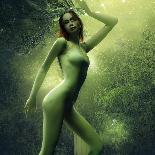 Prompt: a highly detailed ethereal full body digital image of a elegantly posed dancing futuristic woman beautifully intertwined in realistic green leafy foliage liquid like leaves shot, full body shot, by Andrew Chiampo, artstation, and Frederik Heyman, extremely detailed woman, stunning volumetric lighting, hyper realism, fantasy 4k