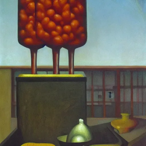 Prompt: giant minced meat processors controlled by a giant brain in a jar, dystopian, pj crook, edward hopper, oil on canvas