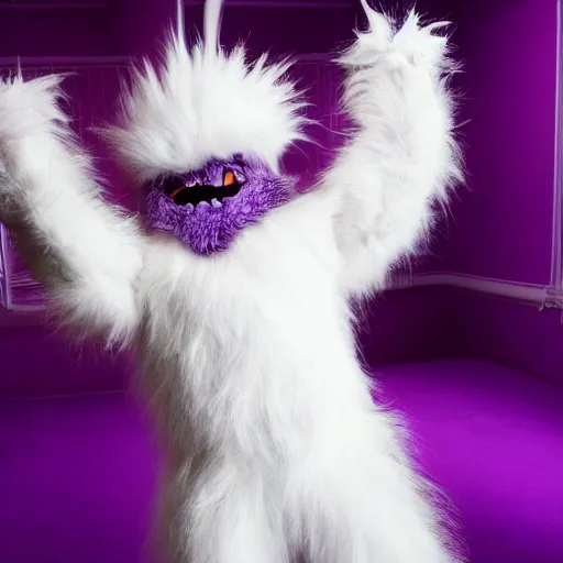 Prompt: a photo of a white fur monster standing in a purple room,