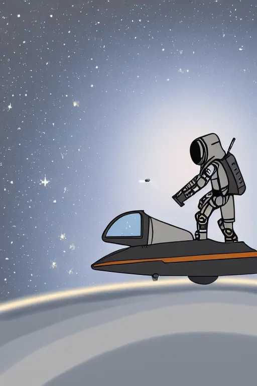 Image similar to basic digital drawing in photoshop of simple astronaut driving a flying speeder