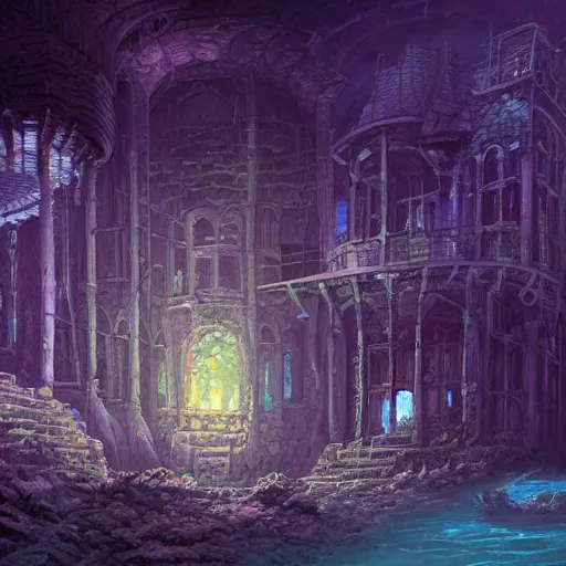 Image similar to a beautiful and ultradetailed concept art illustration of a ghostly manor ruins at the bottom of the ocean by rafal olbinski, bioware and paul lehr and dan mumford, sparth and raphael lacoste, concept art wallpaper 4 k, trending on artstation, concept art, cinematic, unreal engine, trending on behance