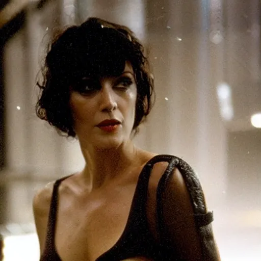 Image similar to a movie still of monica belluci as rachael in blade runner