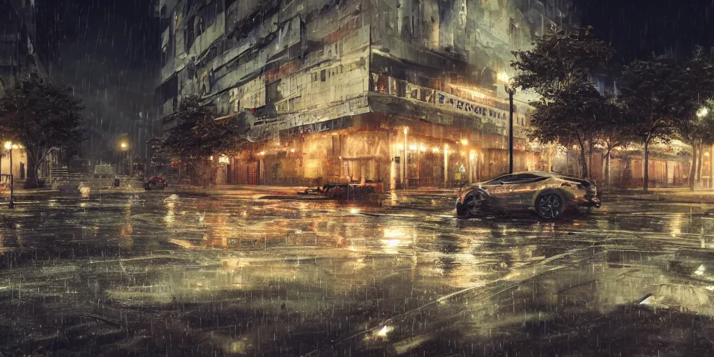 Prompt: person laying in a parking lot on a dark night, rain drizzling with blaring yet dim lights, realistic 4k octane beautifully detailed render, 4k post-processing, highly detailed, intricate complexity, epic composition, magical atmosphere, cinematic lighting, masterpiece, ultra hd