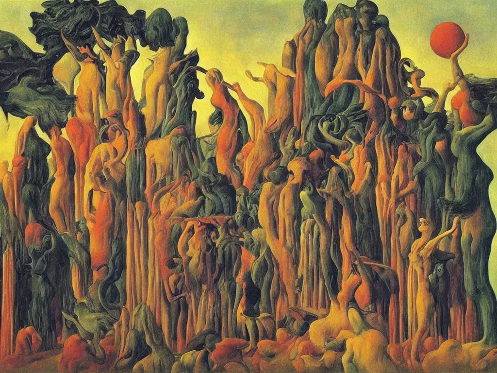 Image similar to Scene from a Romanian movie. Painting by Rene Magritte, Jean Delville, Max Ernst, Maria Sybilla Merian