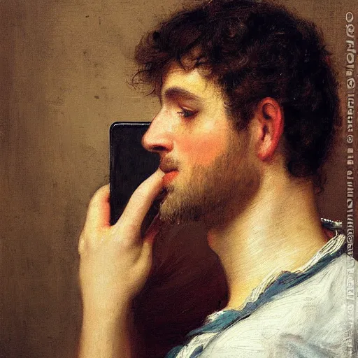 Prompt: A photorealistic painting of a man looking at his iphone in the style of Eugene de Blaas