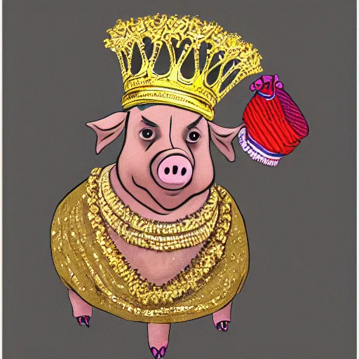 Image similar to a pig wearing a gold crown in the style of R. K. Laxman