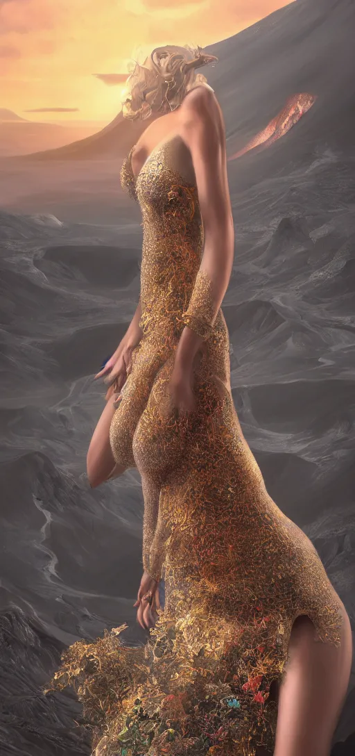 Prompt: a beautiful hyperrealistic ultradetailed 3D, one girl in a magnificent dress stands near a volcano, voge photo, fashion style, fullbody, in full growth, photorealistic, high resolution, trending on artstation, highly detailed, volumetric lighting,artstation, concept art, master illustration, elegant, details, good clear quality, volumetric lighting,