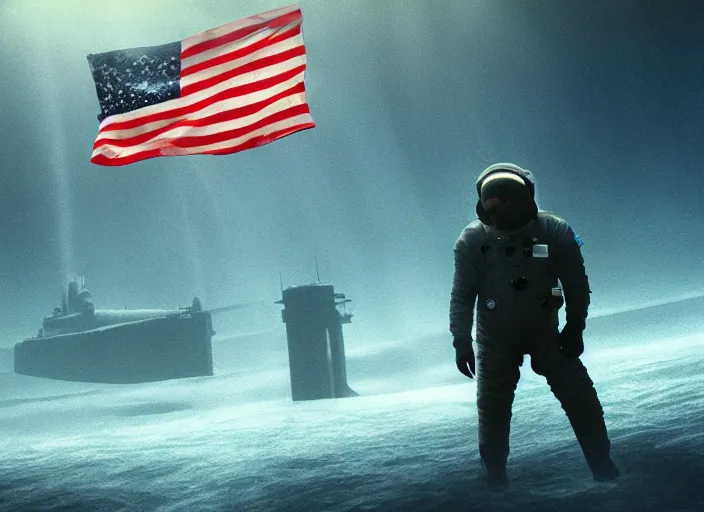 Image similar to astronaut holding a flag in an underwater desert. a submarine is visible in the distance. dark, concept art, cinematic, dramatic, atmospheric, 8 k, trending on artstation, blue, fish, low visibility, fog, ocean floor, christopher nolan, interstellar