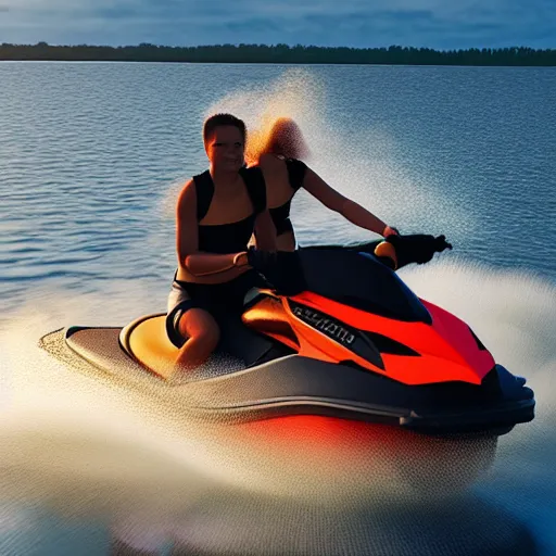 Prompt: a couple riding a jetski on a lake, sunset, rendered in octane