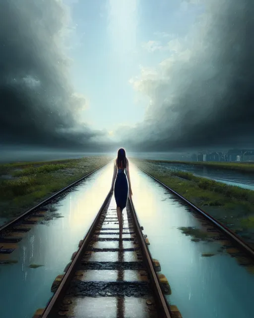 Image similar to photo of girl walking along submerged train tracks reflective water toward a station in the distance, wide horizon, large white clouds, intricate, elegant, highly detailed, digital painting, artstation, concept art, smooth, sharp focus, illustration, art by artgerm and greg rutkowski and fra angelico