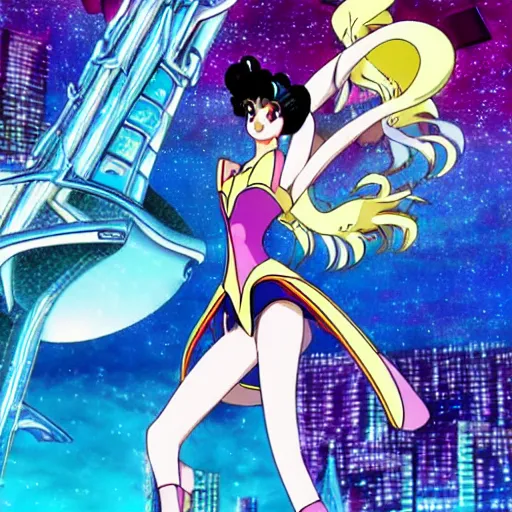 Image similar to Crystal Tokyo from Sailor Moon, circa the year 2994