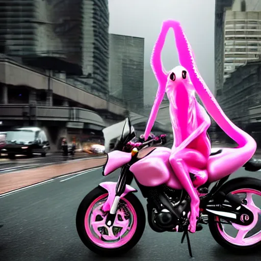 Image similar to hyper realistic, photo, humanoid pink female Squid girl, popping motorcycle wheelie on fast in the rainy city traffic