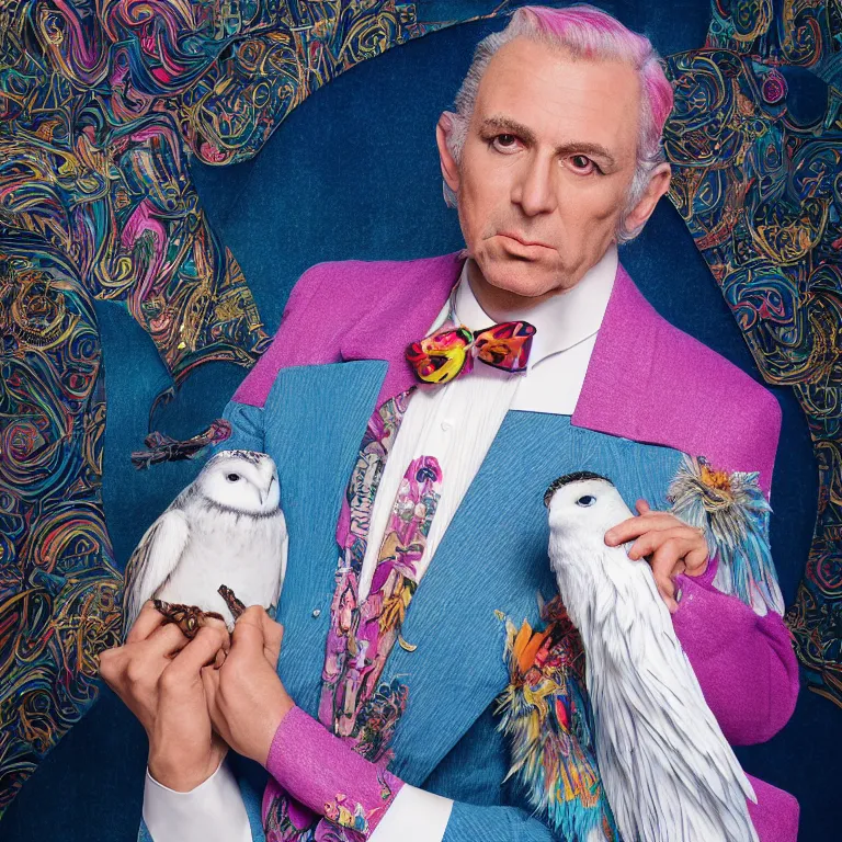 Image similar to high fashion photoshoot octane render portrait by wayne barlow and carlo crivelli and glenn fabry, a distinguished actor wearing a colorful wes anderson designed uniform and holding a snow owl inside a high - end exotic colorful pastel vintage boutique hotel lounge, very short depth of field, bokeh