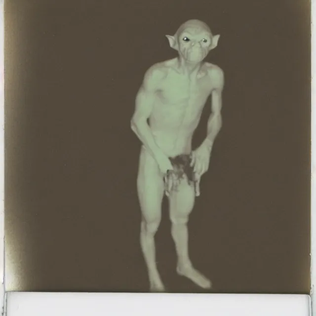 Image similar to a found polaroid photograph of gollum at night