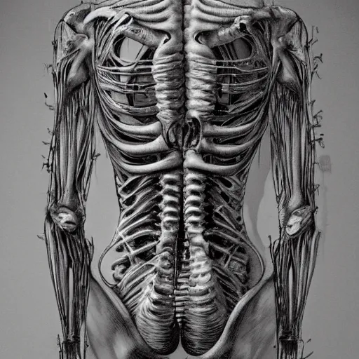 Image similar to cinematic scene of a detailed and intricate design of the back of full woman body and a baby fetus wrapped in bones, close up, rea, intrincate, in the style of giger, studio shot, dark shadows, creepy, nightmarish, dynamic lighting, great finesse organic hyper detailed, engineering blueprints, technical drawings, calculus, stained paper, hyperrealistic, ultra detailed, 16K, unreal engine, trending on artstation