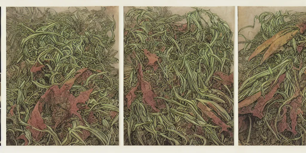 Image similar to high resolution scan of the pages of the cursed herbarium, by akira toriyama, by john howe