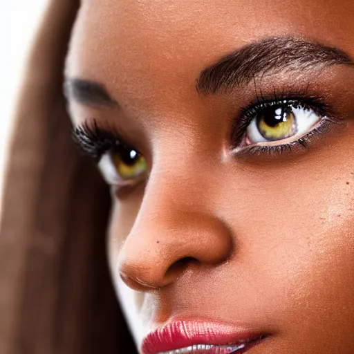 Image similar to a closeup portrait of a black woman with brown hair and brown eyes. Extremely clear and high quality eyes with reflection, realistic face and details, clear lips and high quality