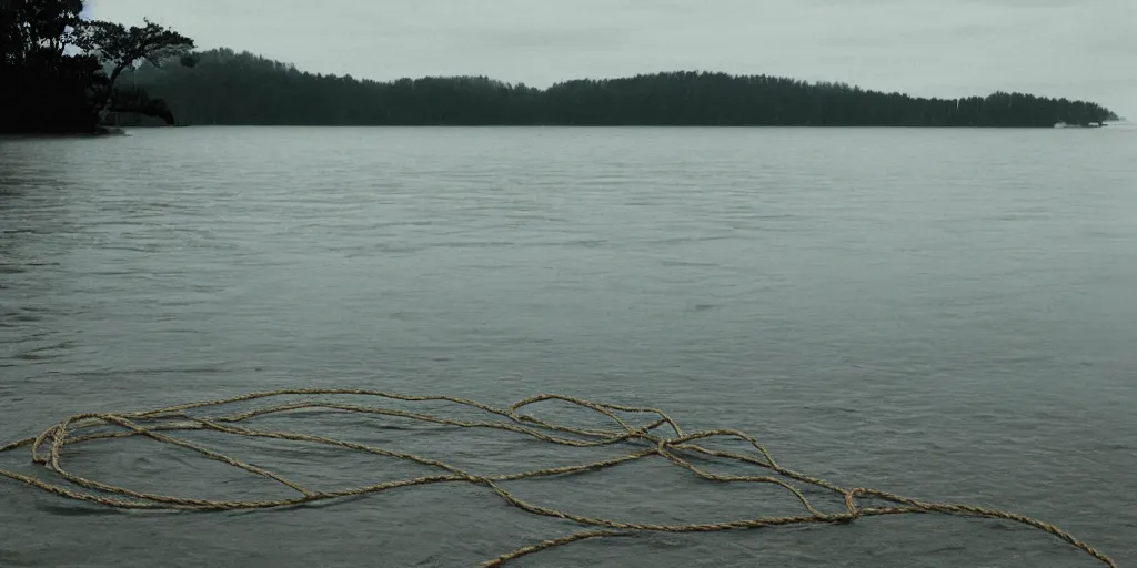 Prompt: centered photograph of a single line of thick rope floating on the surface stretching out to the center of the lake, a dark lake sandy shore on a cloudy day, color film, beach trees in the background, hyper - detailed kodak color film photo, anamorphic lens