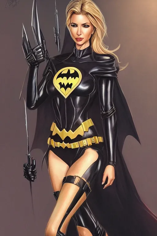 Prompt: Ivanka trump as a heroine in b/ack leather, batman batgirl, amazing body curves, intricate, elegant, highly detailed, centered, digital painting, artstation, concept art, smooth, sharp focus, illustration, art by artgerm and donato giancola and Joseph Christian Leyendecker, Ross Tran, WLOP