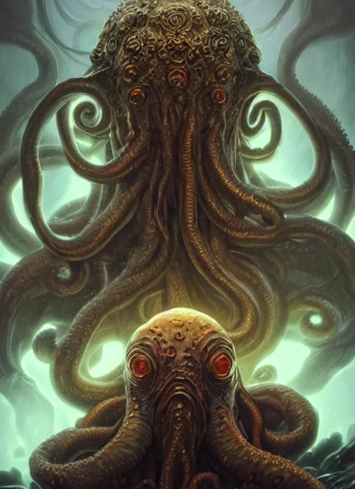 Image similar to Portrait of Cthulhu, white glowing eyes, fantasy, extremely detailed, digital painting, artstation, concept art, smooth, sharp focus, illustration, stunning lighting, art by artgerm and greg rutkowski and alphonse mucha and simon stalenhag, realistic character concept, high fantasy, dark atmosphere, golden ratio, cinematic lighting, hyperdetailed, high resolution, insanely detailed and intricate, artstation, Marc Simonetti, Greg Rutkowski, 8k