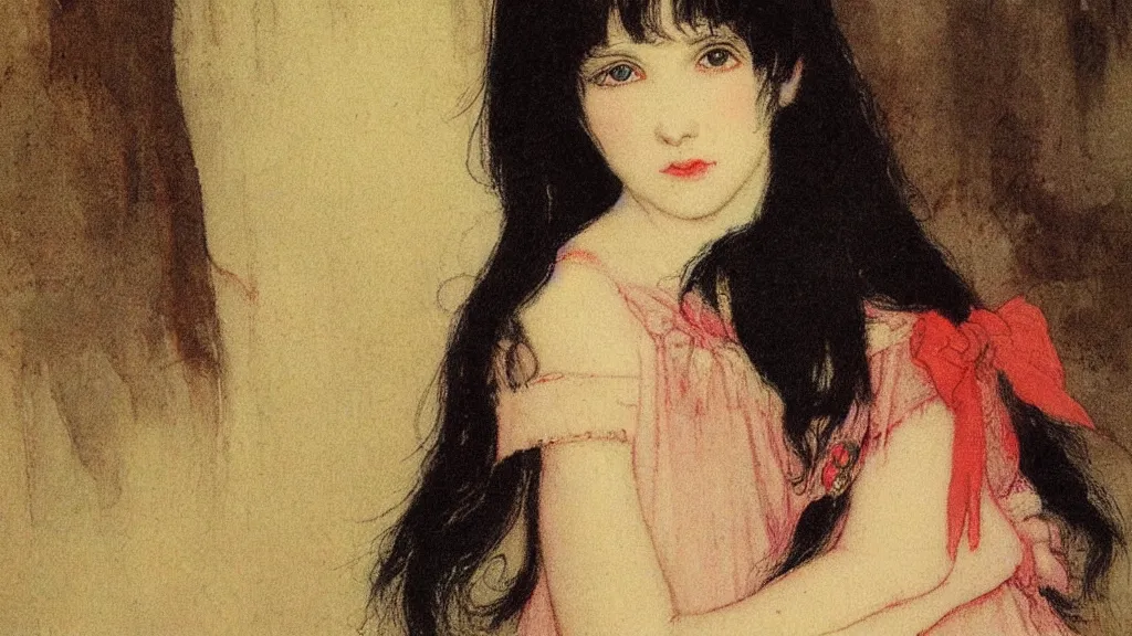 Prompt: A decent young girl portrait by Warwick Goble.
