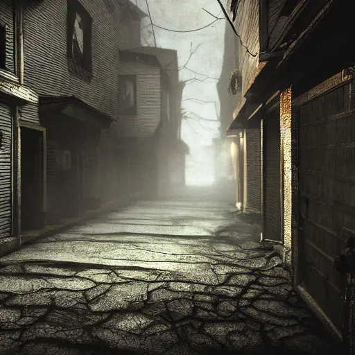 Prompt: a highly detailed photographic render of a creepy street by Silent Hill style, camera POV, horror scene, horror, bloody, ghost, creepy, cinematic lighting, cinematic scene, Volumetric lighting, Atmospheric scene, Dark, Horror, Atmospheric lighting, Global illumination cinematic render, film, beautifully lit, ray traced, octane 3D render, octane render, unreal engine