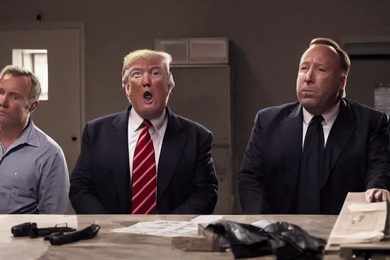 Prompt: movie still of donald trump and alex jones in jail, photograph, tv show, cinematic