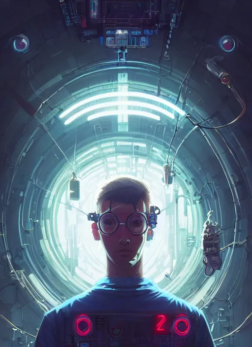 Prompt: highly detailed portrait of a cyberpunk gloomy hacker, wires connect to the head, stephen bliss, unreal engine, greg rutkowski, loish, rhads, beeple, makoto shinkai and lois van baarle, ilya kuvshinov, rossdraws, tom bagshaw, alphonse mucha, global illumination, detailed and intricate environment