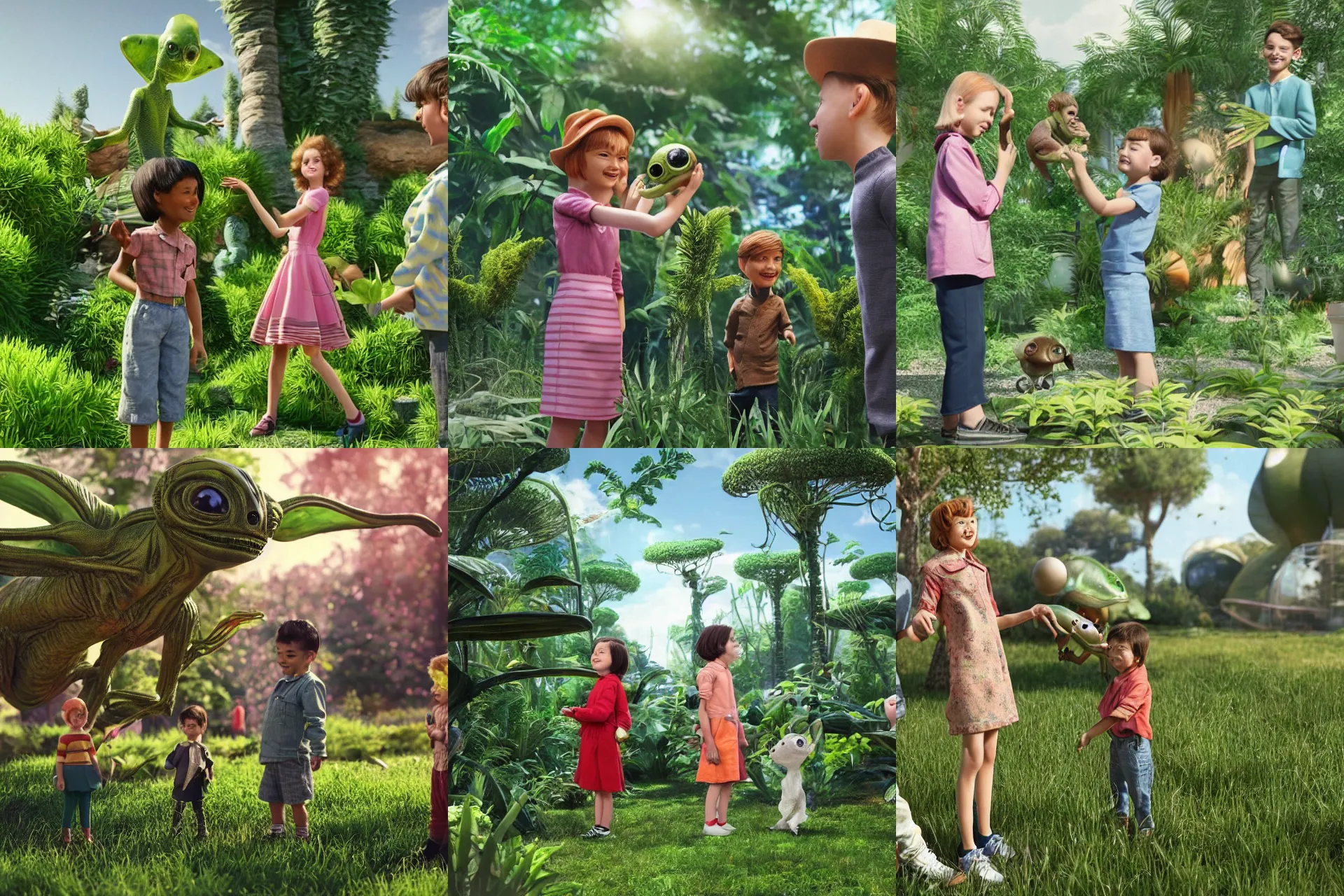 Prompt: a girl and a boy standing next to some alien plants, looking happy, wearing 1950 era clothes, they are playing with their small pet alien creature, in a park on a alien planet, extremely highly detailed, ultra realistic facial details, hyper photorealistic raytracing, octane render, 8k