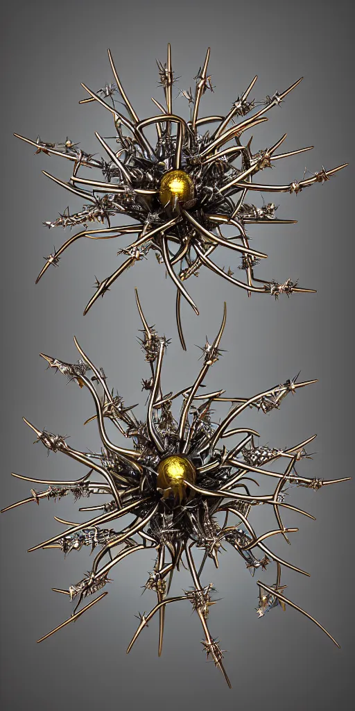 Image similar to 3 d photographic render of asymmetric metallic flower sculpture with thorns, bioluminescent chrometype, made of liquid metal, neotribal with thorns and thunders, cyberpunk, raytracing, hyper realistic, volumetric lightning, 8 k, by zhelong xu and ouchh studio