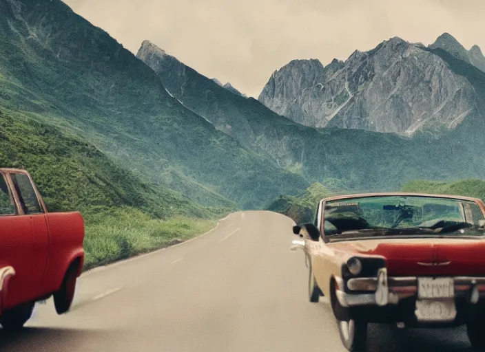 Image similar to A very high resolution image from a new movie, landscape from a car window , mountains, raining, hot, directed by wes anderson