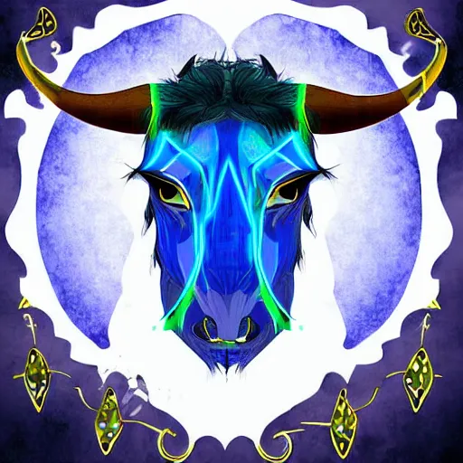 Image similar to well dressed minotaur with blue flaming eyes, digital art