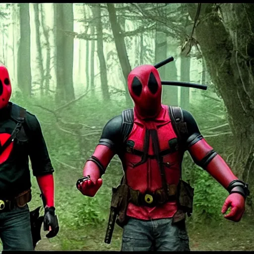 Prompt: jason voorhees and deadpool in the woods 4 k detailed super realistic