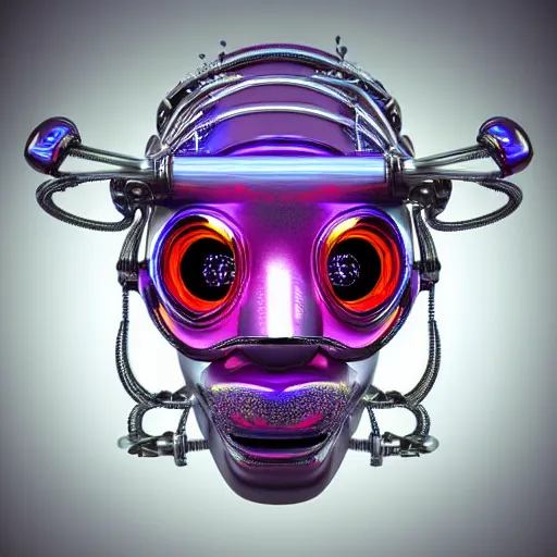 Prompt: portrait photo of a silver and purple glossy metallic futuristic steampunk robot cute ape head and bust covered with multicolored glowing gears and tubes and cables, crisp, fluorescent colors, insanely detailed, 3 d render, front shot, 3 5 mm