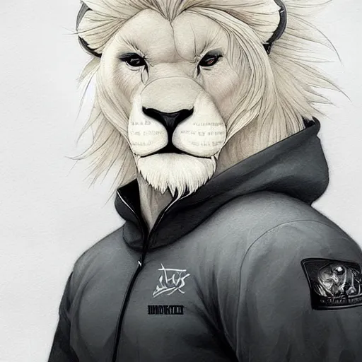 Image similar to aesthetic half body portrait commission of a albino male furry anthro lion wearing gym clothing at an athletic track during a storm, detailed face , hyperdetailed, snowy winter atmosphere. Character design by charlie bowater, ross tran, artgerm, and makoto shinkai, detailed, inked, western comic book art, 2021 award winning painting
