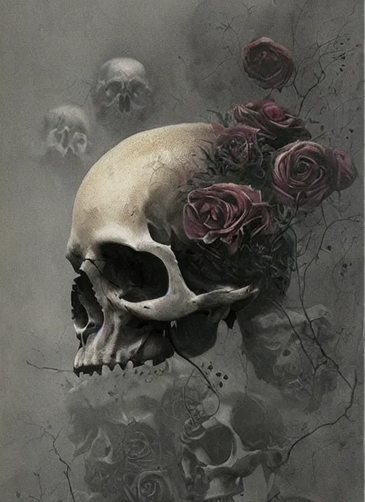 Prompt: skull surrounded by black roses, fog, cinematic shot, denis villeneuve movie still, wayne barlowe concept art, detailed, very coherent, vintage, masterpiece by emil melmoth