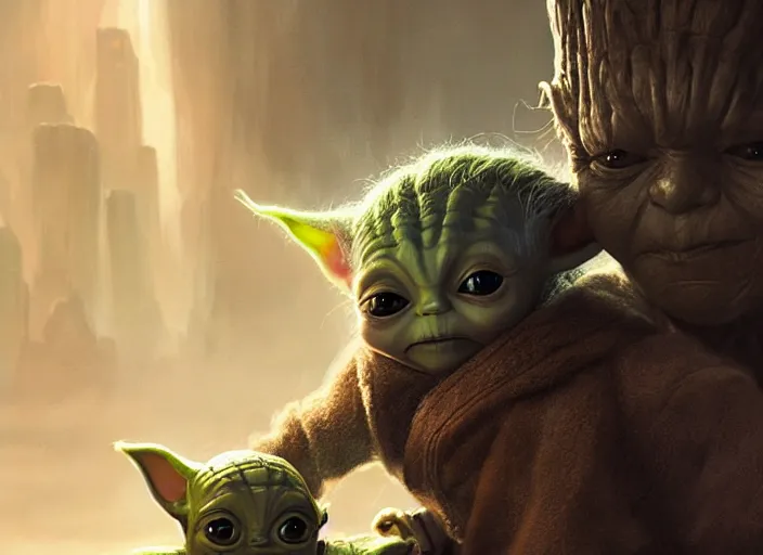 Prompt: a dramatic highly detailed render of baby yoda with baby groot, futuristic marvel and star wars vibe, by WLOP and Artgerm and Greg Rutkowski and Alphonse Mucha, Beautiful dynamic dramatic dark moody lighting, shadows, cinematic atmosphere, Artstation, concept design art, Octane render, 8K, masterpiece, sharp focus, hyperrealistic