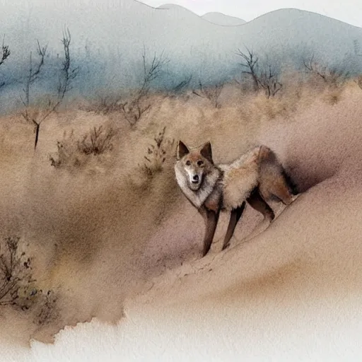 Prompt: a wolf in a beautiful natural scene. heath, sand dune, dry grass and trees. beautiful light, dramatic clouds. soft colour scheme. beautiful artistic detailed watercolor illustration by lurid ( 2 0 2 2 ).