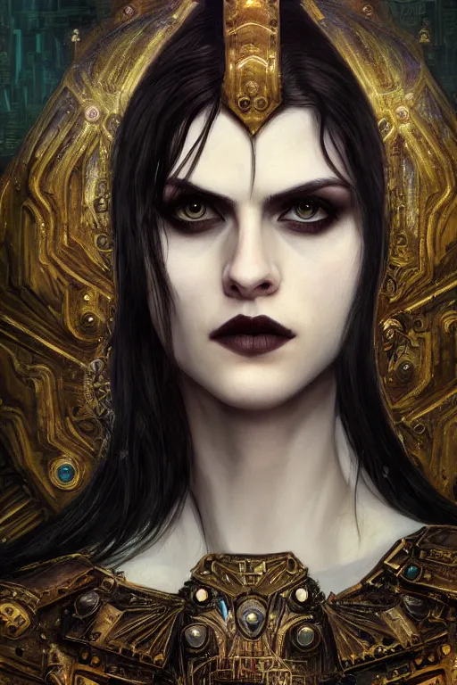 Image similar to portrait of beautiful gothic Alexandra Daddario, cyberpunk, Warhammer, highly detailed, artstation, illustration, art by Gustav Klimt