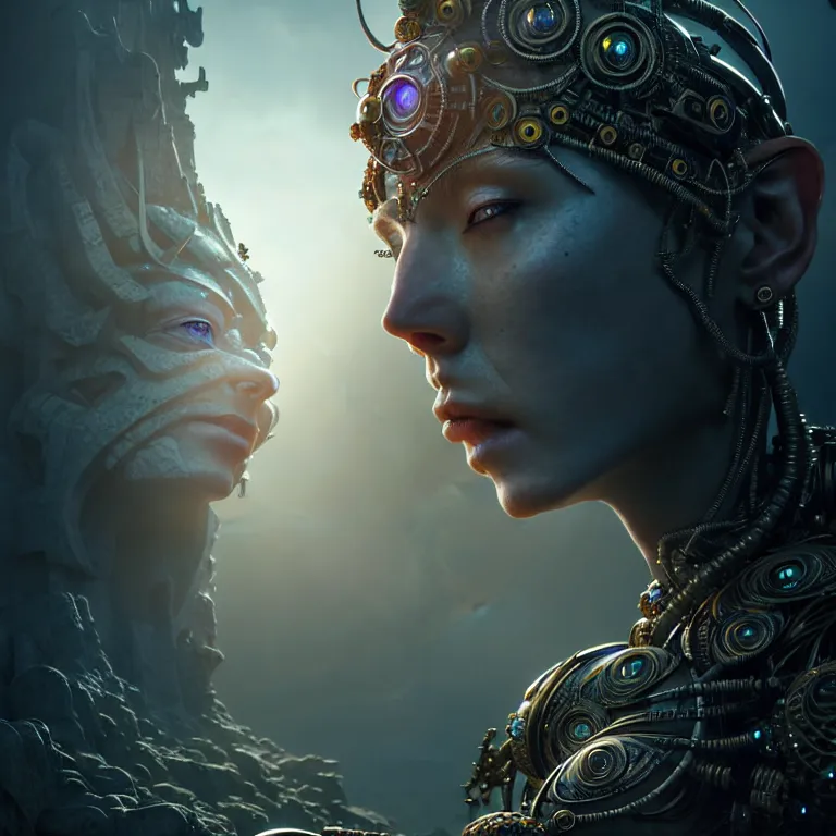 Image similar to ultra realistic beautiful cyborg deity eyes closed, fantasy, intricate details, movie still, highly detailed, photorealistic, octane render, eerie, 8k, art by james clyne and greg rutkowski and michael welan