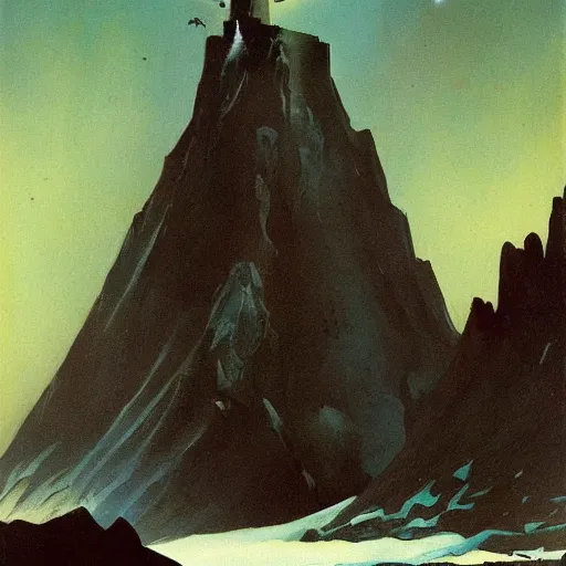 Prompt: a black tower in an arctic landscape, painted by frank frazetta