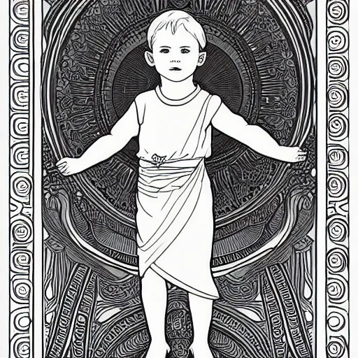 Image similar to clean simple line art of a little boy with short hair. no background. well composed, clean coloring book page, beautiful detailed face. coloring book line art by greg rutkowski and johanna basford and alphonse mucha