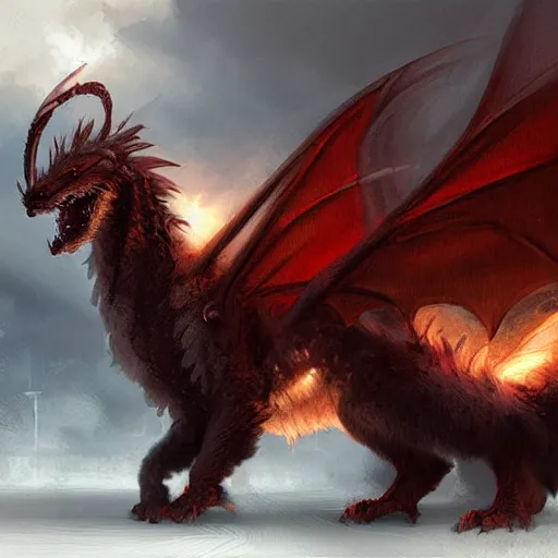 Image similar to furry fluffy floof dragon, by greg rutkowski