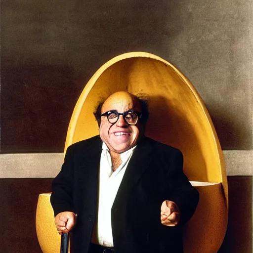 Image similar to danny devito standing next to a chair shaped like an egg, renaissance painting, masterpiece