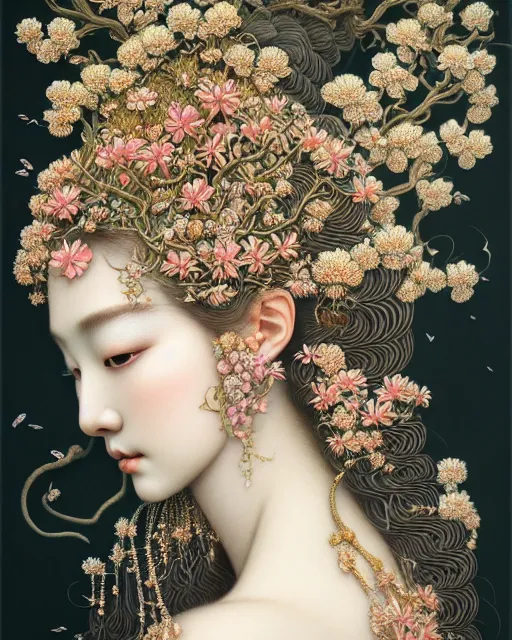 Prompt: portrait of a beautiful goddess of nature, graceful beauty, esoteric, ornamental, nature and floral aesthetics, head in focus, intricate, elegant, highly detailed, painterly, artstation, artistic, concept art, hasselbrad photography, sharp focus, illustrative, art style by chie yoshii